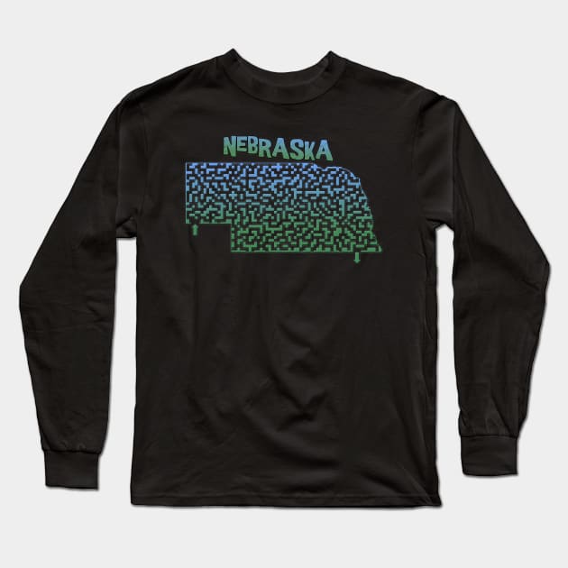 Nebraska State Outline Maze & Labyrinth Long Sleeve T-Shirt by gorff